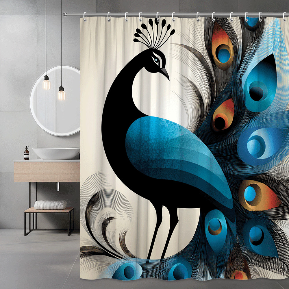 Peacock Shower Curtain Blue Black Abstract Bird Print