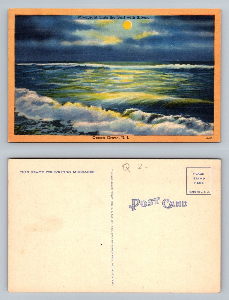 Ocean Grove, NJ-New Jersey, Moonlight Surf Silver Waves Scene Vintage Postcard