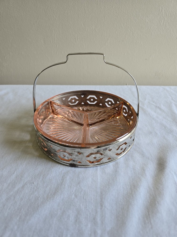 VTG 1930's Pink Depression Glass Divided Tray W/Metal Handle  Relish Dish