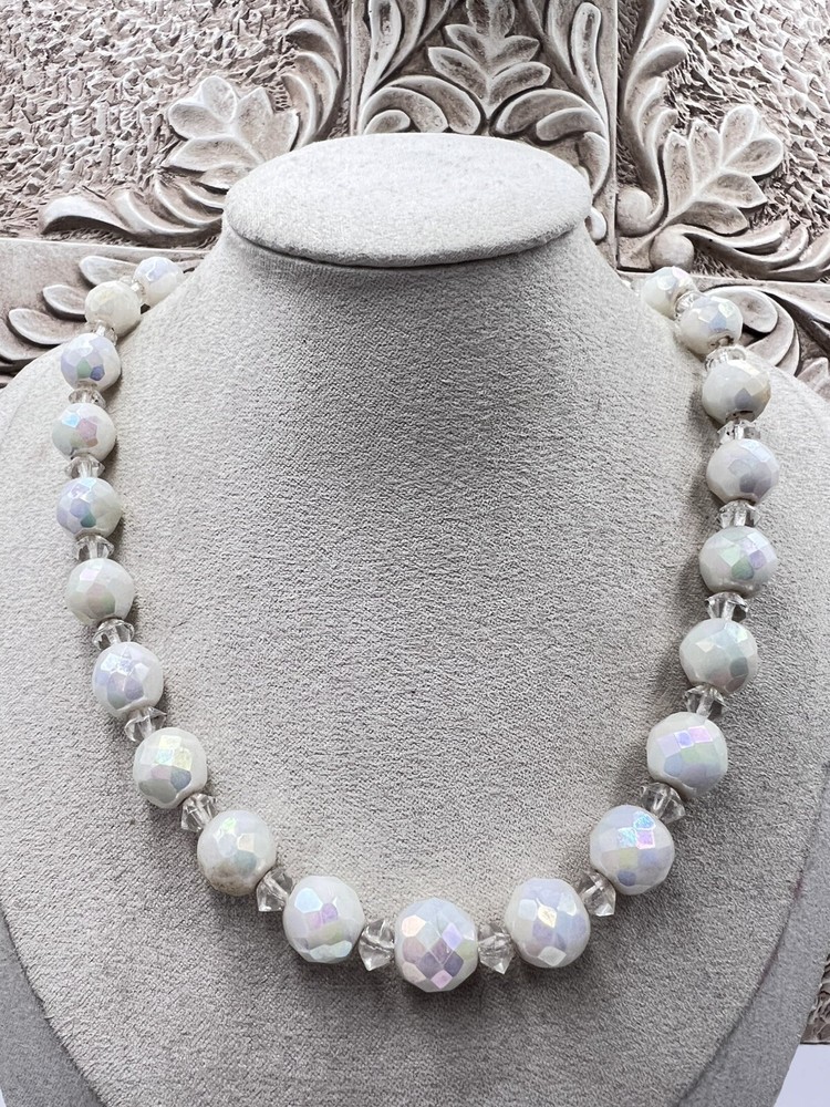 Vintage 1950s Germany Aurora Borealis Bead Faceted Glass Necklace 16-18”