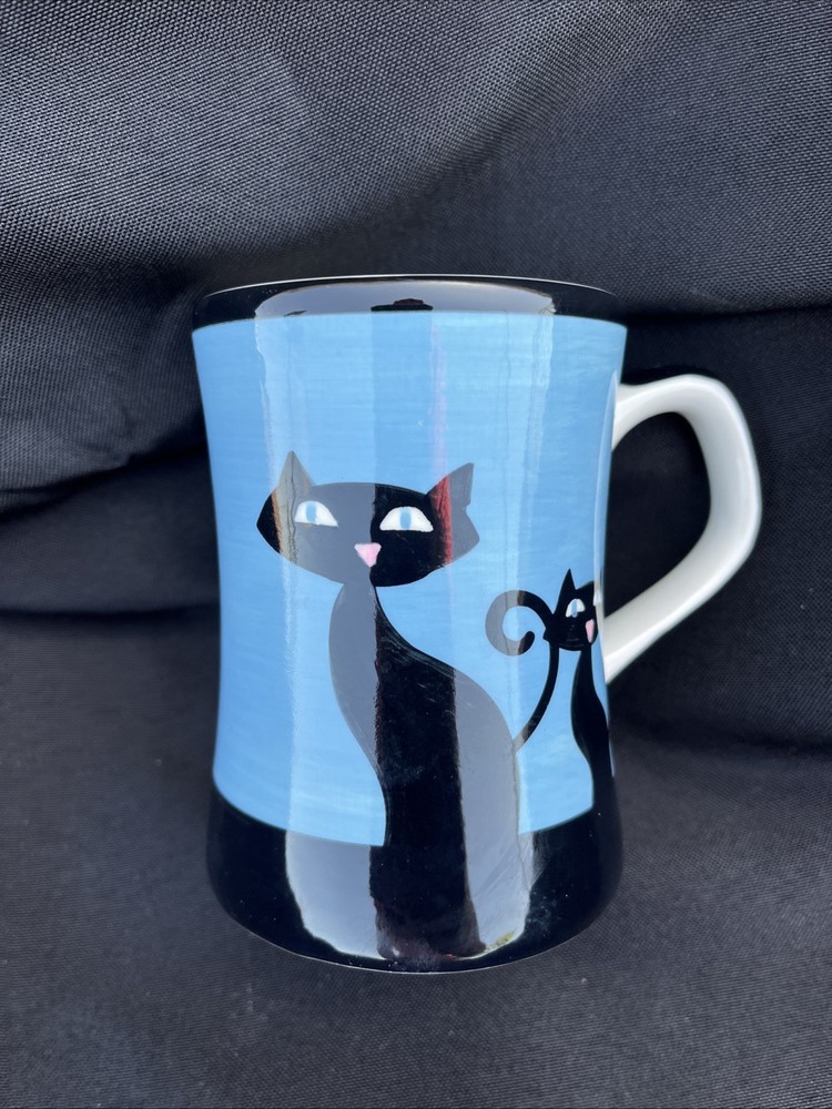 NWT Hues N Brews Atomic Black Cat Blue Ceramic Coffee Mug In Mint Condition