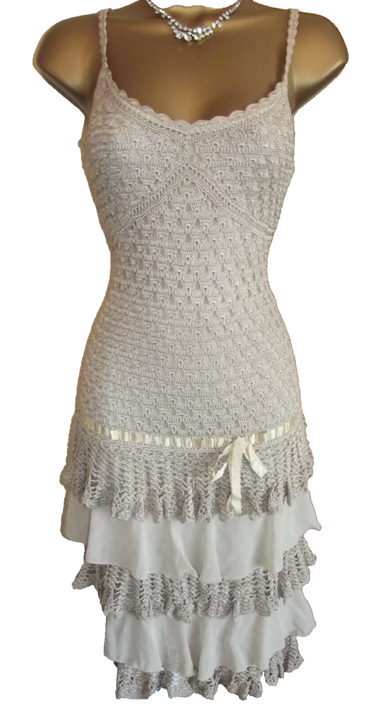 KAREN MILLEN ❤️Size 1 UK 8-10 MOCHA CROCHET FLAPPER 20's GATSBY DRESS