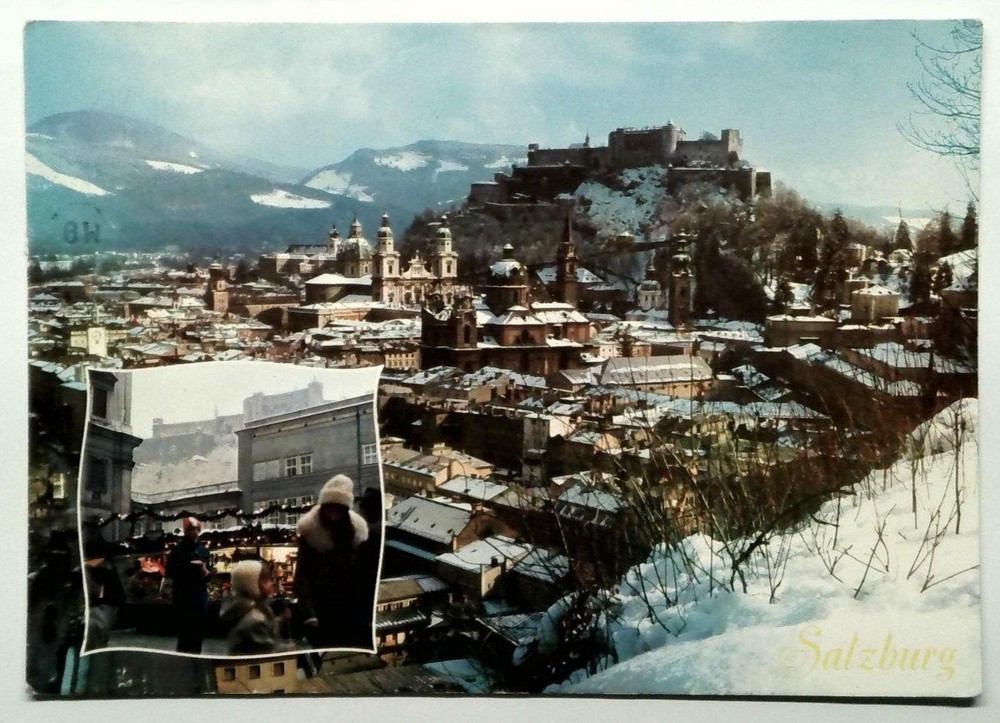 Vintage Photochrome Salzburg Austria Winter Scene & Market Postcard
