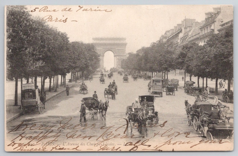 1906 Paris Champs-Élysées Arc de Triomphe Horse Carriages Postcard