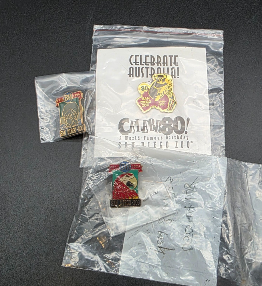 Vtg San Diego Zoo 80 Year Souvenir Lapel Hat Jacket Pin set of 3