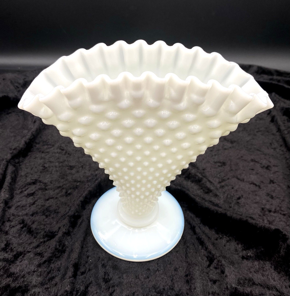 Vintage 1950s Fenton Milk Glass Hobnail Large Fan Vase, 3959 Footed, 8