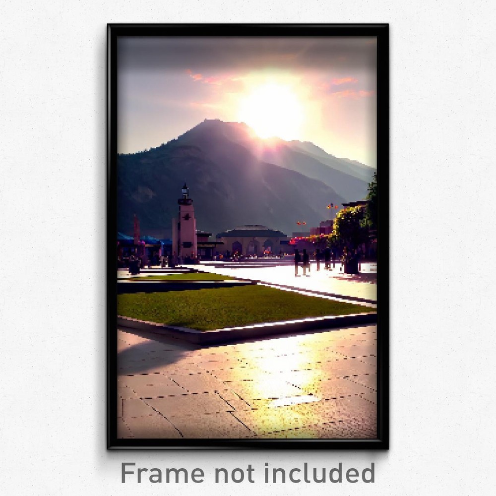 8-Bit Psychedelic Mountain Plaza Pixel Art Poster - Trippy Video Game Print