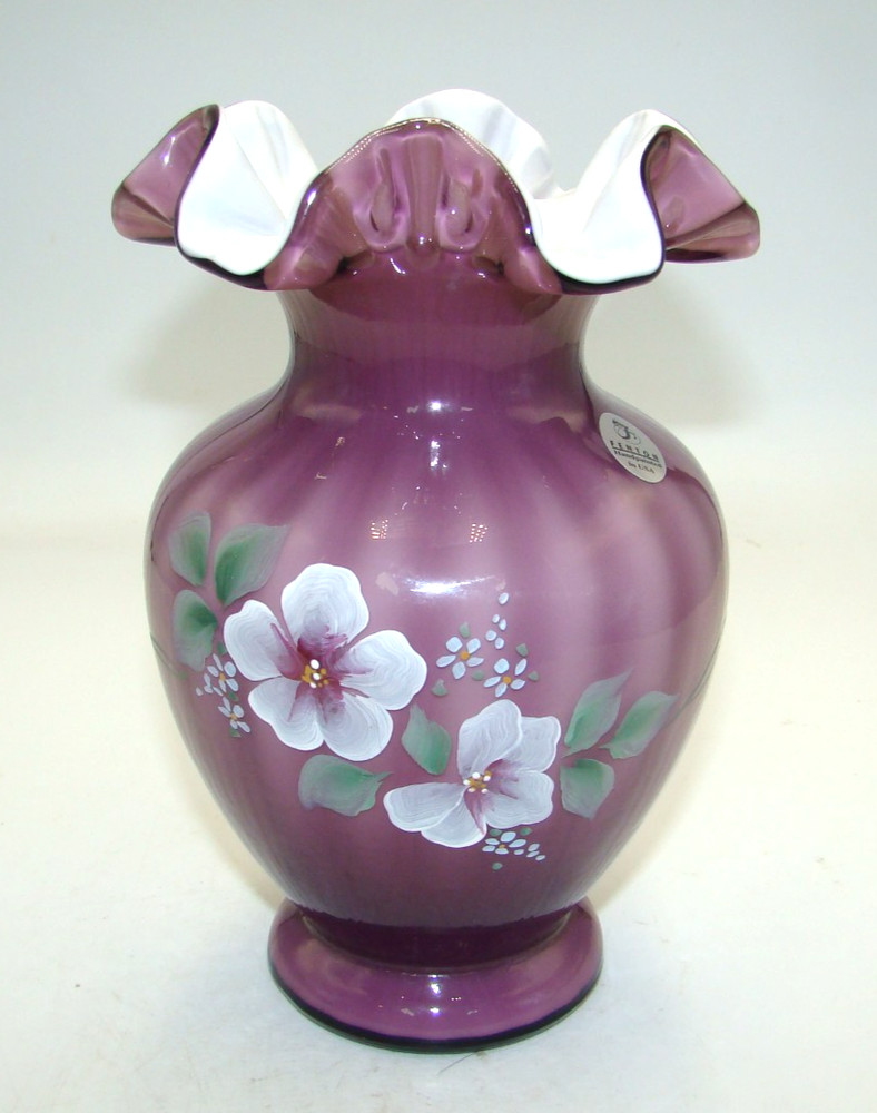 Fenton Plum Overlay Hand Painted Sweetbriar Vase w/Box