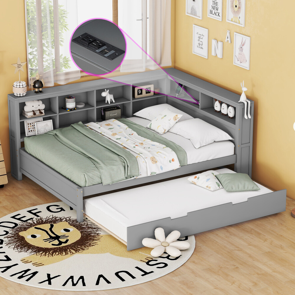 Grey Wooden Full Size Daybed with Twin Trundle, Storage Shelf & USB Charging