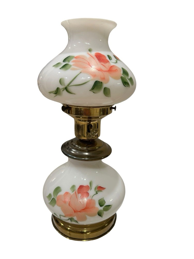Vintage Hurricane Table Lamp Hand Painted Floral Glass With Brass Base