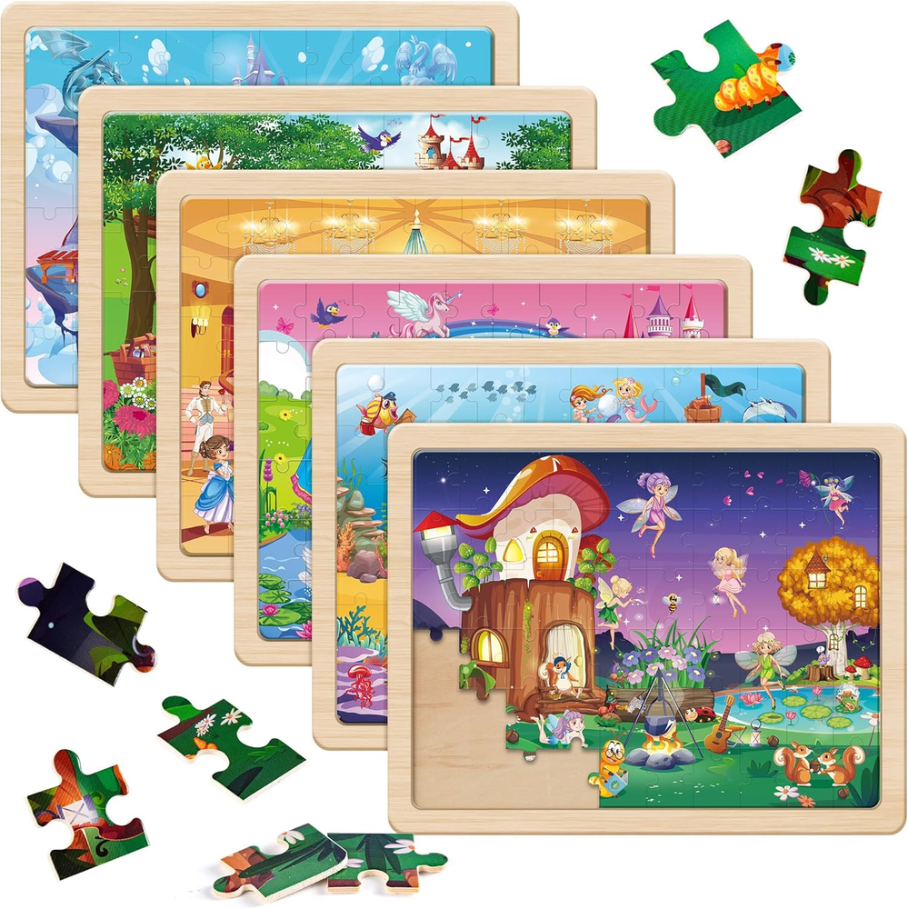 Unicorn Mermaid Princess Fairy Wooden Puzzles for Kids Ages 4-6, 6 Packs 60 Pcs