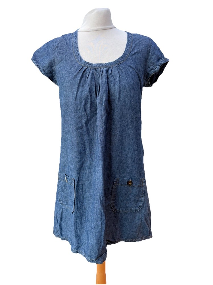 Seasalt Blue Denim Tunic Top Size 12 Short Sleeve Pockets Cotton Womens