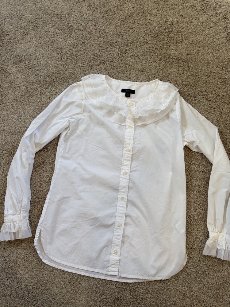 J.CREW Women's White Lace Ruffle Collar Button Front Long Sleeve Blouse XXS