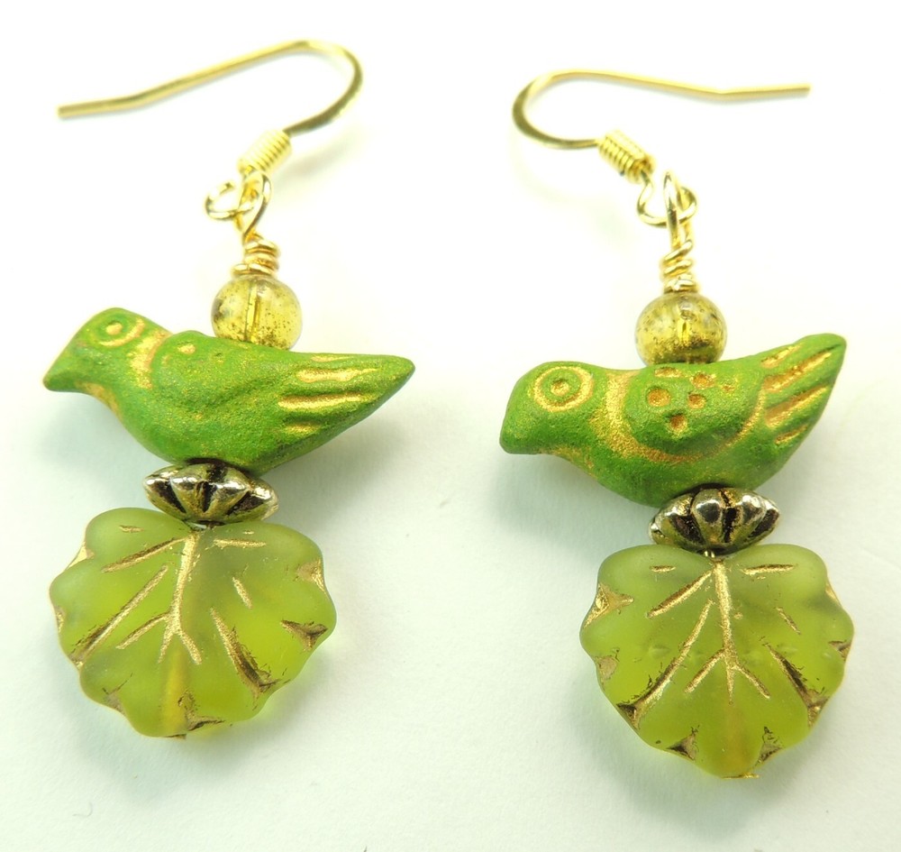 Green Czech Leaves & Birds  Dangle Drop Earrings  Handmade Chic Jewelry
