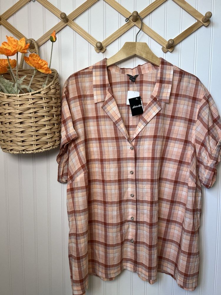 NWT Eddie Bauer Women's 3X Plaid Collared Short Sleeve Button-Up