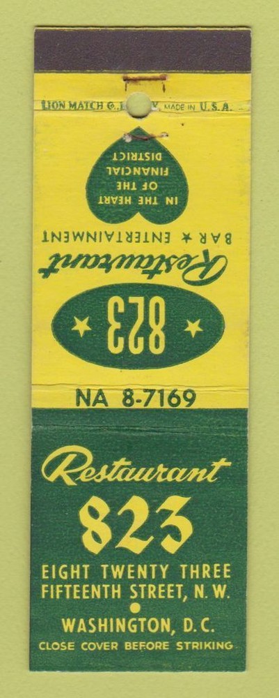 Matchbook Cover - Restaurant 823 Washington DC