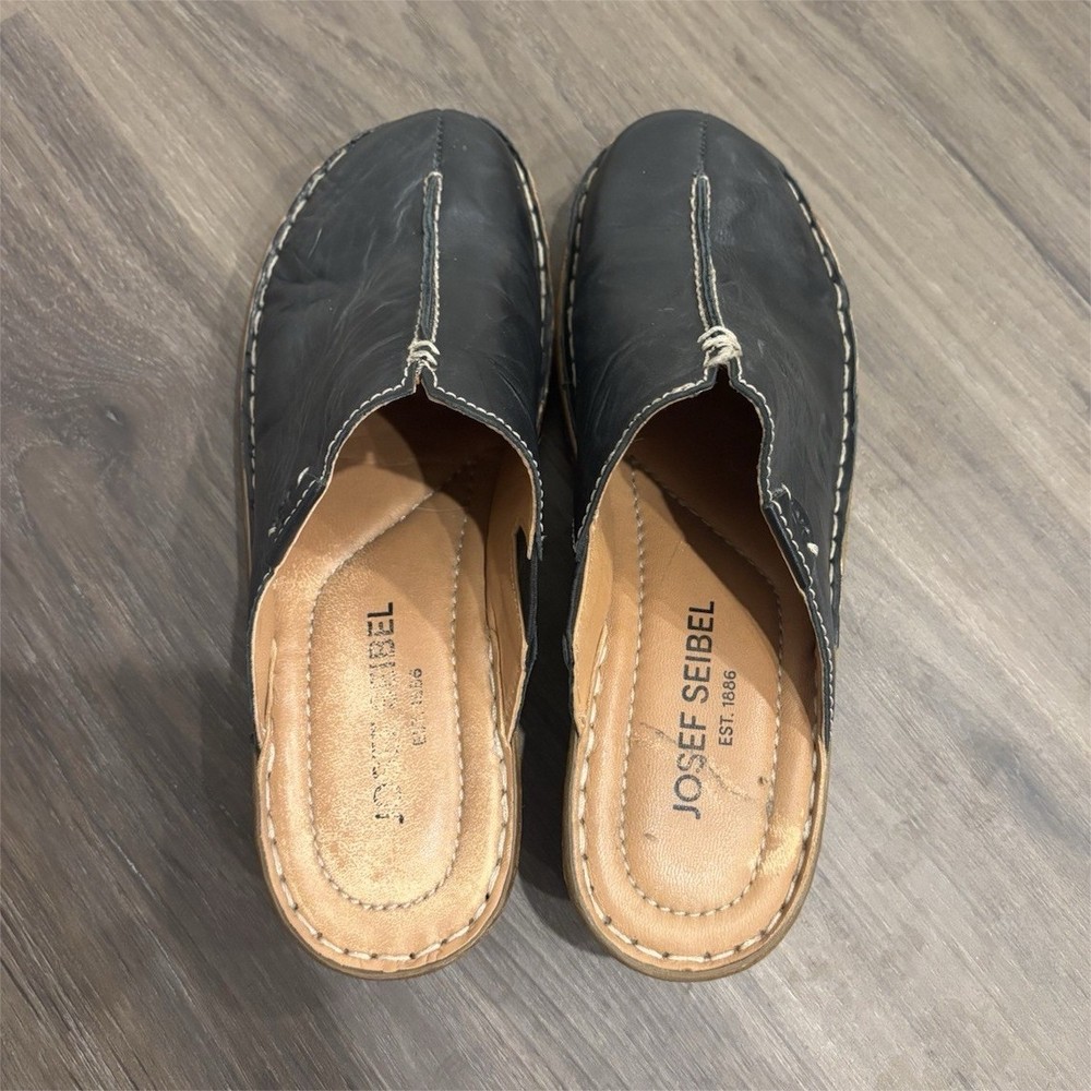 Josef Seibel Women's Black Leather Comfort Clog Slip-On Shoes EU 39