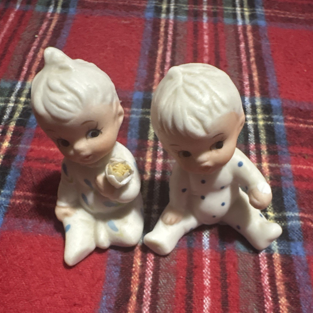 Ceramic Baby Figurines Set of 2 Hand Painted White/Blue Polka Dot Unboxed