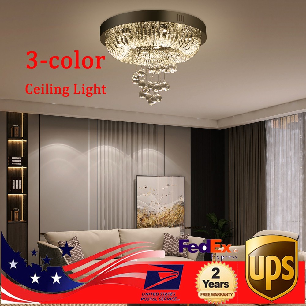 3-Color LED Flush Crystal Chandelier for Living Room GU10 Pendant Lamp