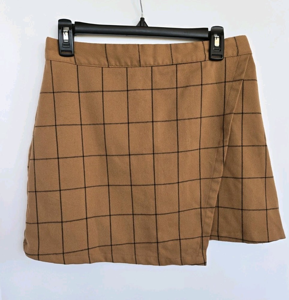 Forever 21 Brown Tan Plaid Mini Skirt Size L Casual Stretch Fit