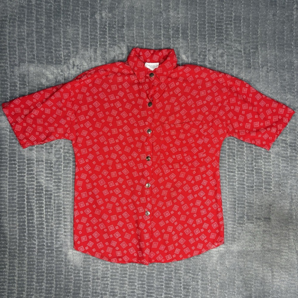 VTG 70s Bobbie Brooks Red Geometric Shirt Short Sleeve Blouse Small Cottagecore