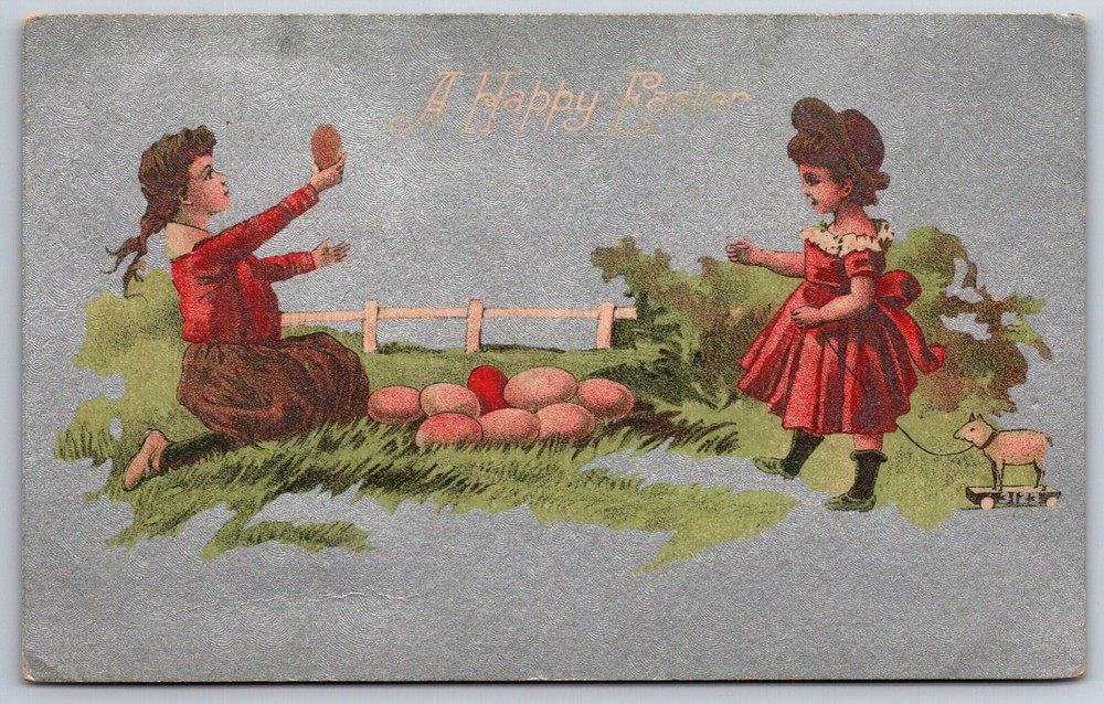 Happy Easter~Girls W/ Eggs & Lamb Toy On Blue Background~Postmarked~Vtg Postcard
