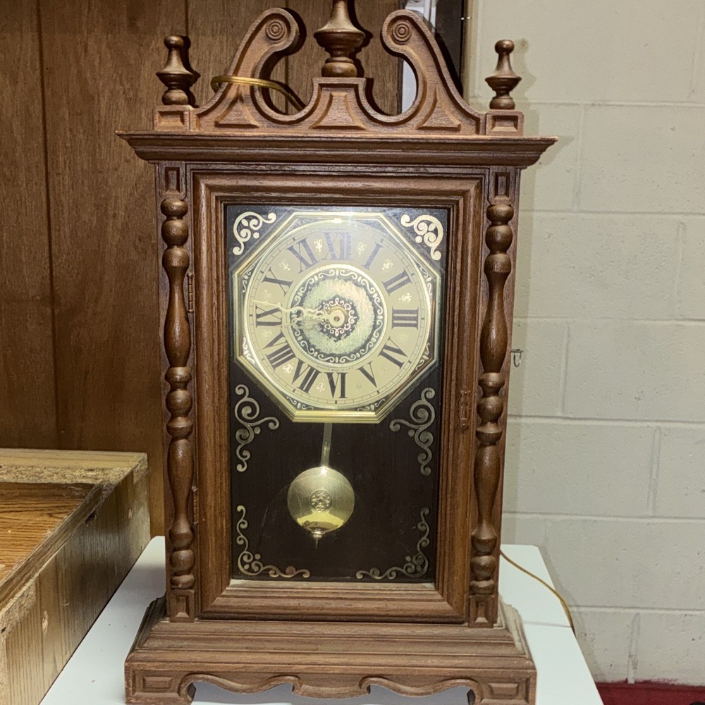 Spartus Pine Wood Mantel Clock Quartz Plug-In, Pendulum, Roman Numerals