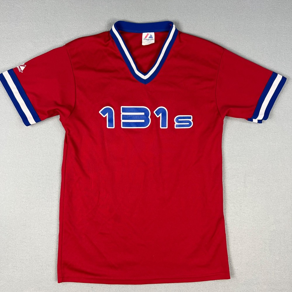 VTG Majestic 131s Jersey T-Shirt Small Red Blue V-Neck Baseball Style 90s USA