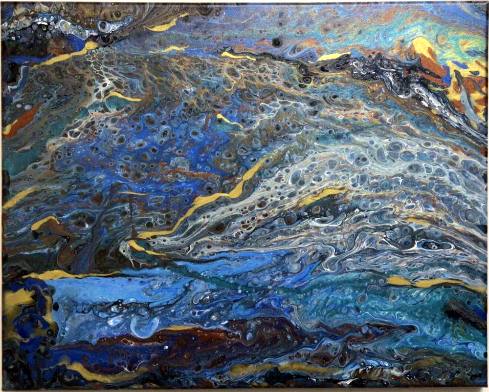 Original Teal Gold Bronze Acrylic Pour Abstract Painting on 16x20 Signed Canvas-image