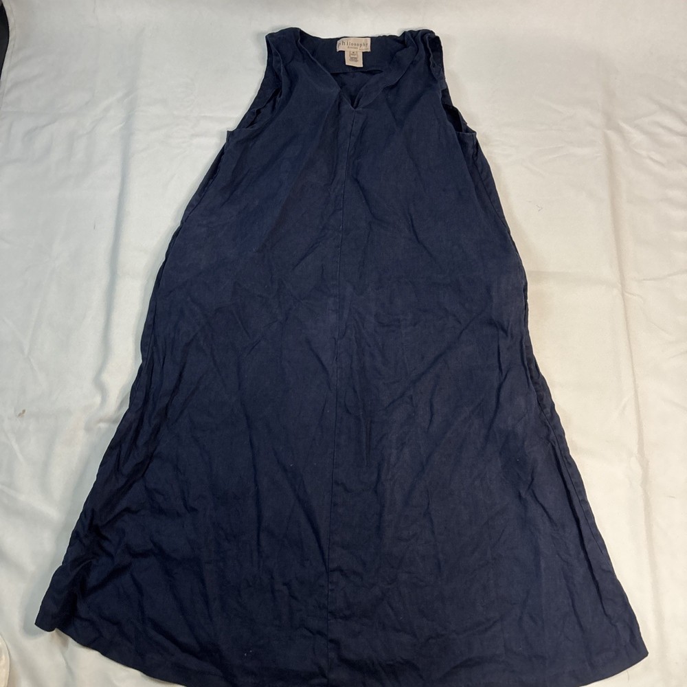 Philosophy Linen Midi Dress Sleeveless V-Neck Casual Pockets Navy Blue M Boho