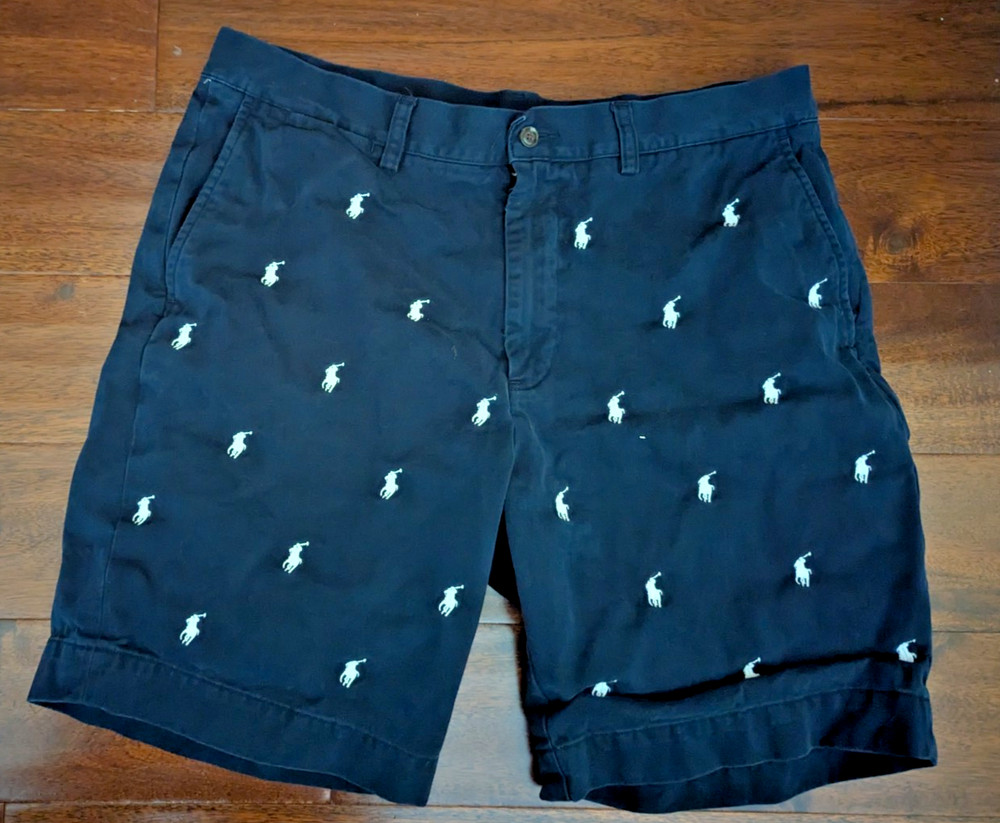 Polo Ralph Lauren Men's Size 35 Navy All Over Pony Embroidered Shorts Cotton