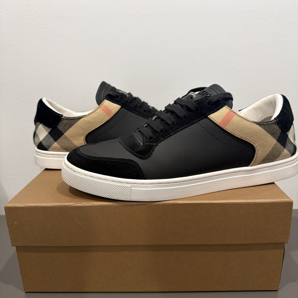 Burberry Men's Stevie Leather and Check Low-Top Sneakers Pre Owned Size 9.