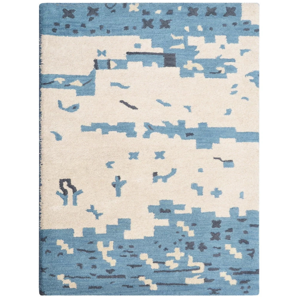 Hand Tufted Wool Area Rug Contemporary Beige Blue