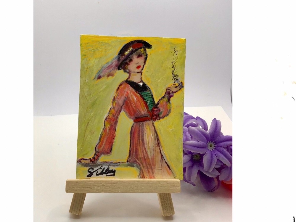 WOMAN SMOKING Miniature Art 2.5”