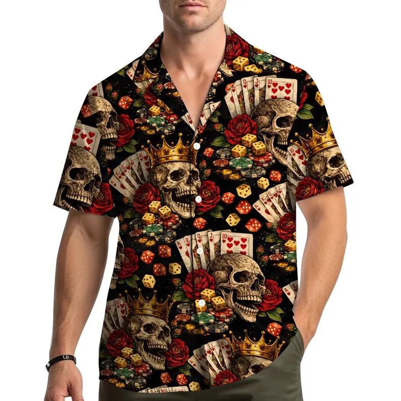 Skull Poker Hawaiian Shirt Gambling Beach Vacation Men's