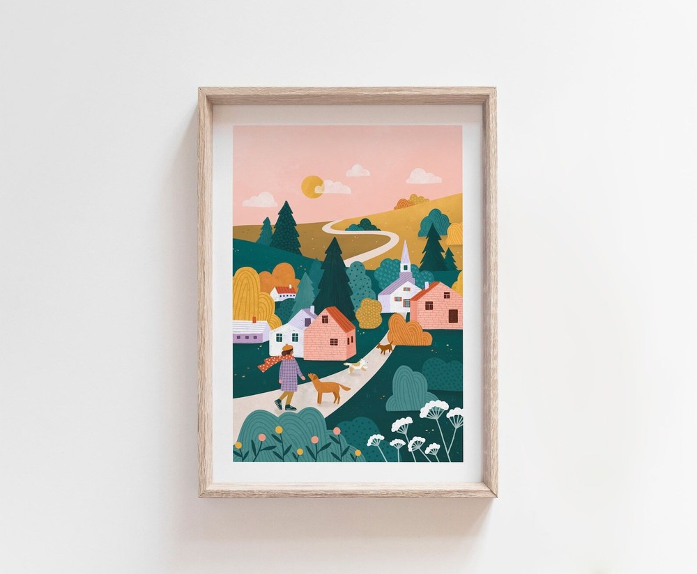 Country Stroll Illustrated Art Print Landscape Illustrations Scenery Drawing