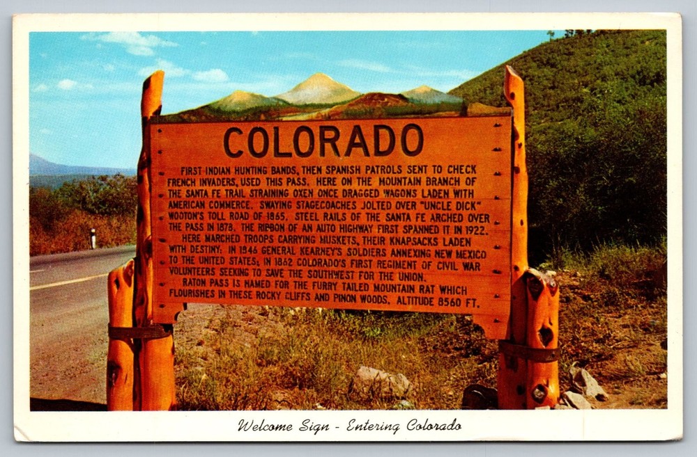 Vintage Colorado Welcome Sign Postcard Raton Pass Scenic View