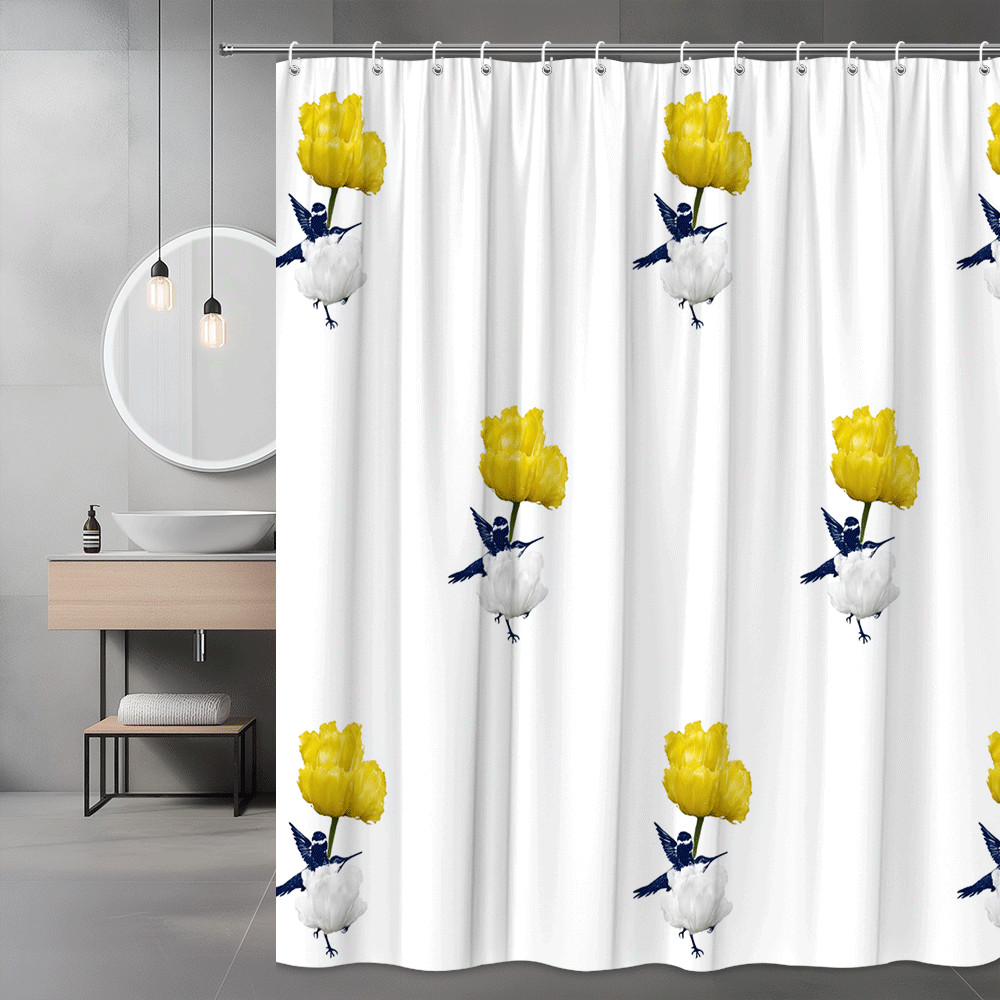 Yellow Flower Bird Print Shower Curtain, White Background