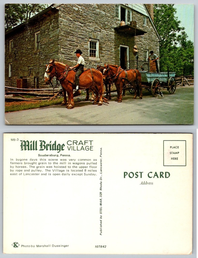 Mill Bridge Craft Village Soudersburg PA Postcard Horses Wagon Mill