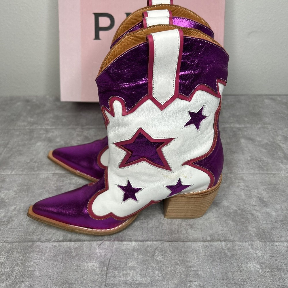 PMK Shoes Charo Mid Calf Pink Leather Western Boots Women's Size 8 US (Stain)
