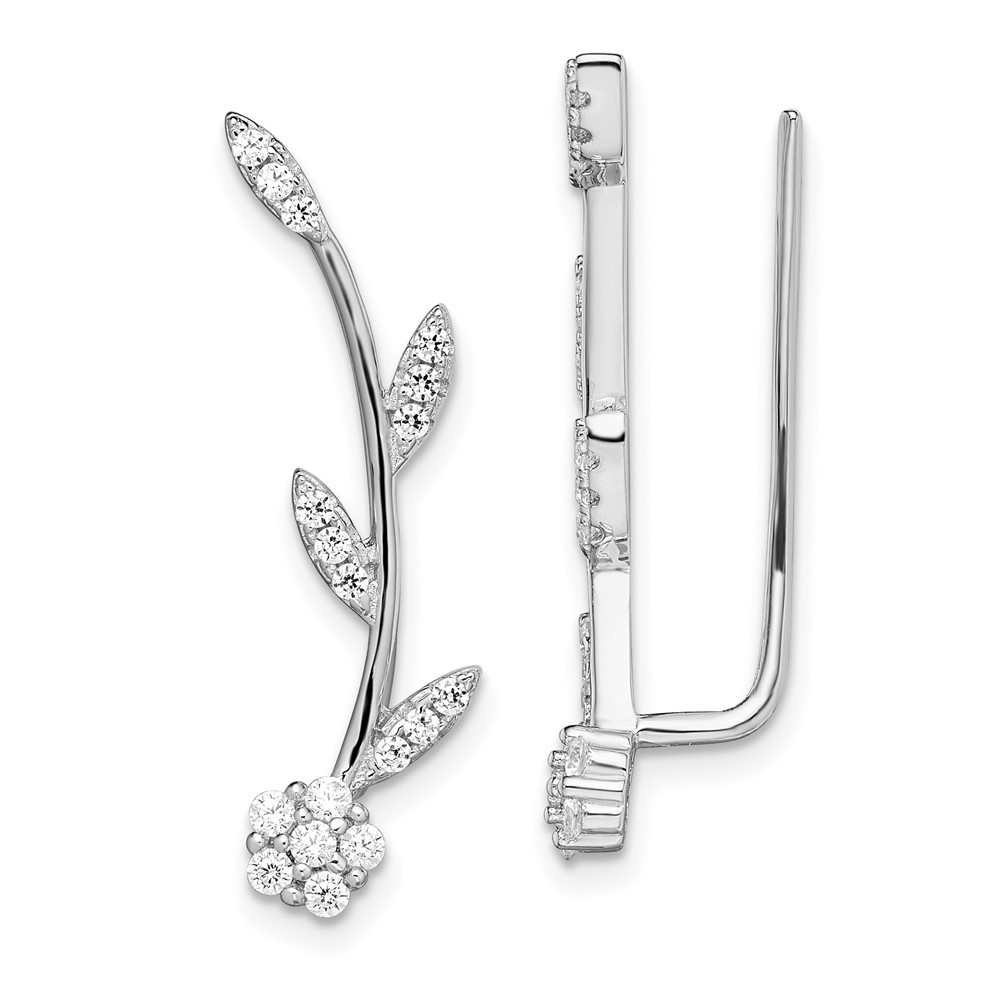 Sterling Silver Cubic Zirconia Flower w/Stem Ear Climber Earrings 2.09gm