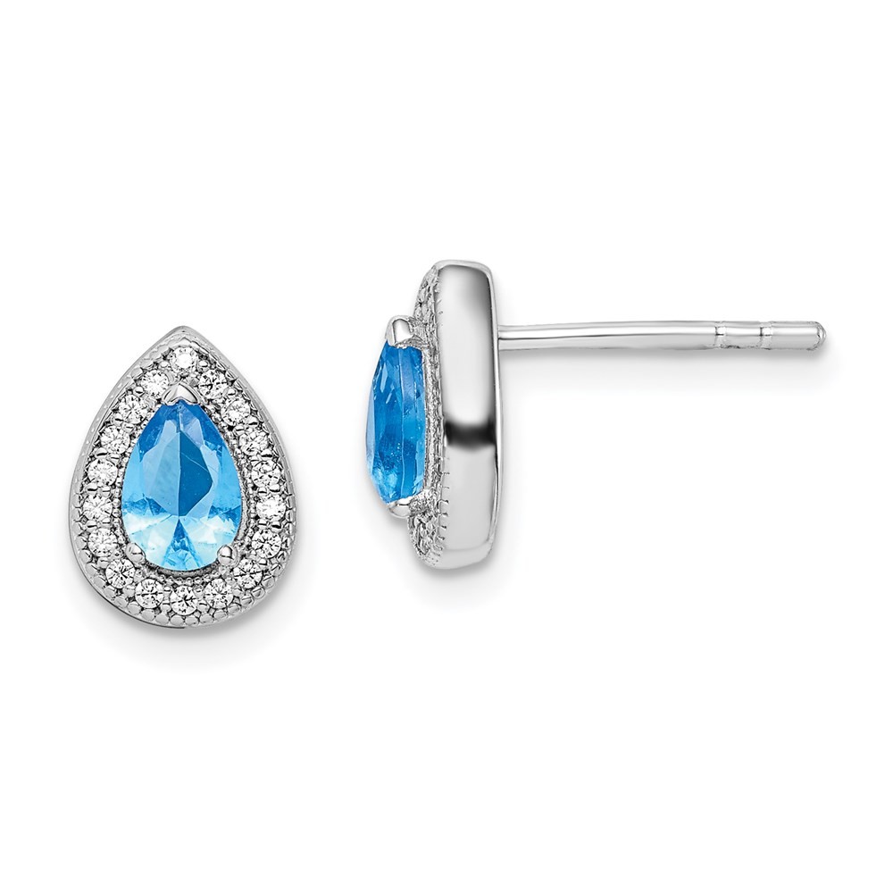Sterling Silver Rhodium Plated Blue and Clear Cubic Zirconia Post Stud Earrings