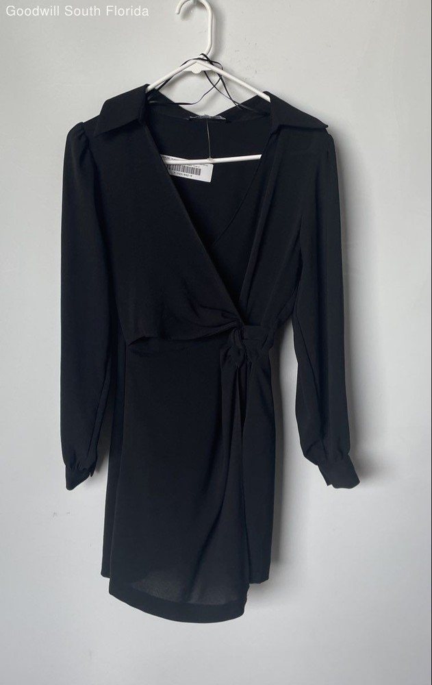 Zara Womens Black Long Balloon Sleeve Surplice V-Neck Mini Dress Size Small