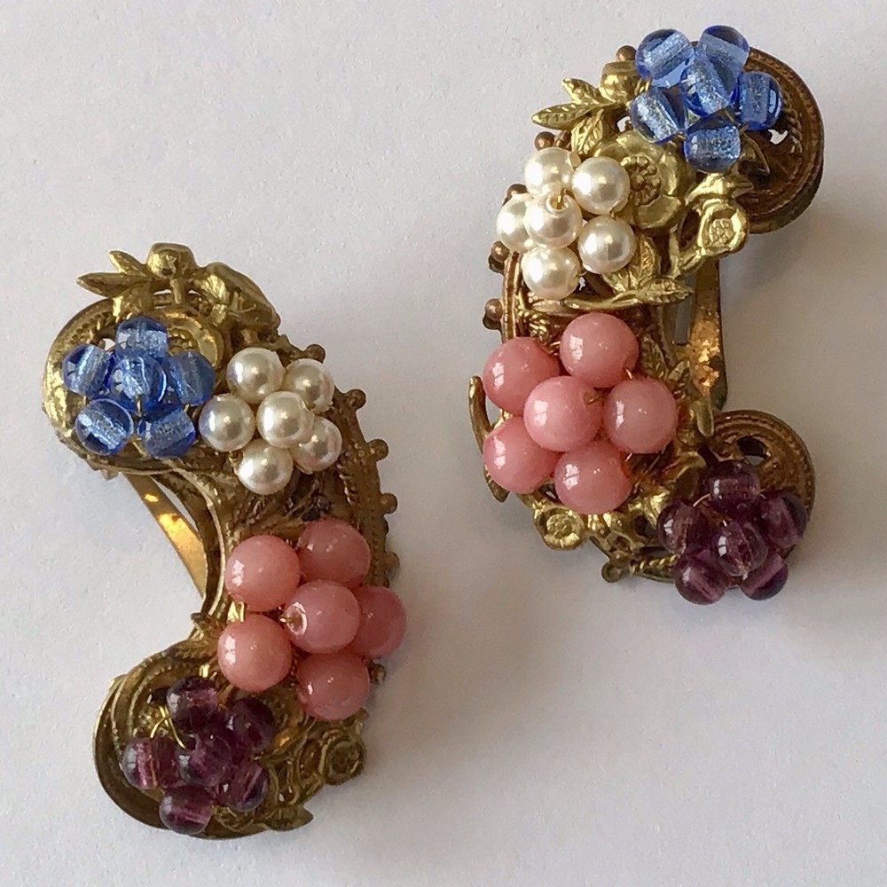 Vintage Miriam Haskell Signed Blue Pink Purple & Pearl Bead Flower Earrings