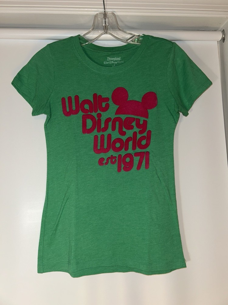 Disneyland Women's (XS) Walt Disney World Green Felt Pink Letters Mickey T-Shirt