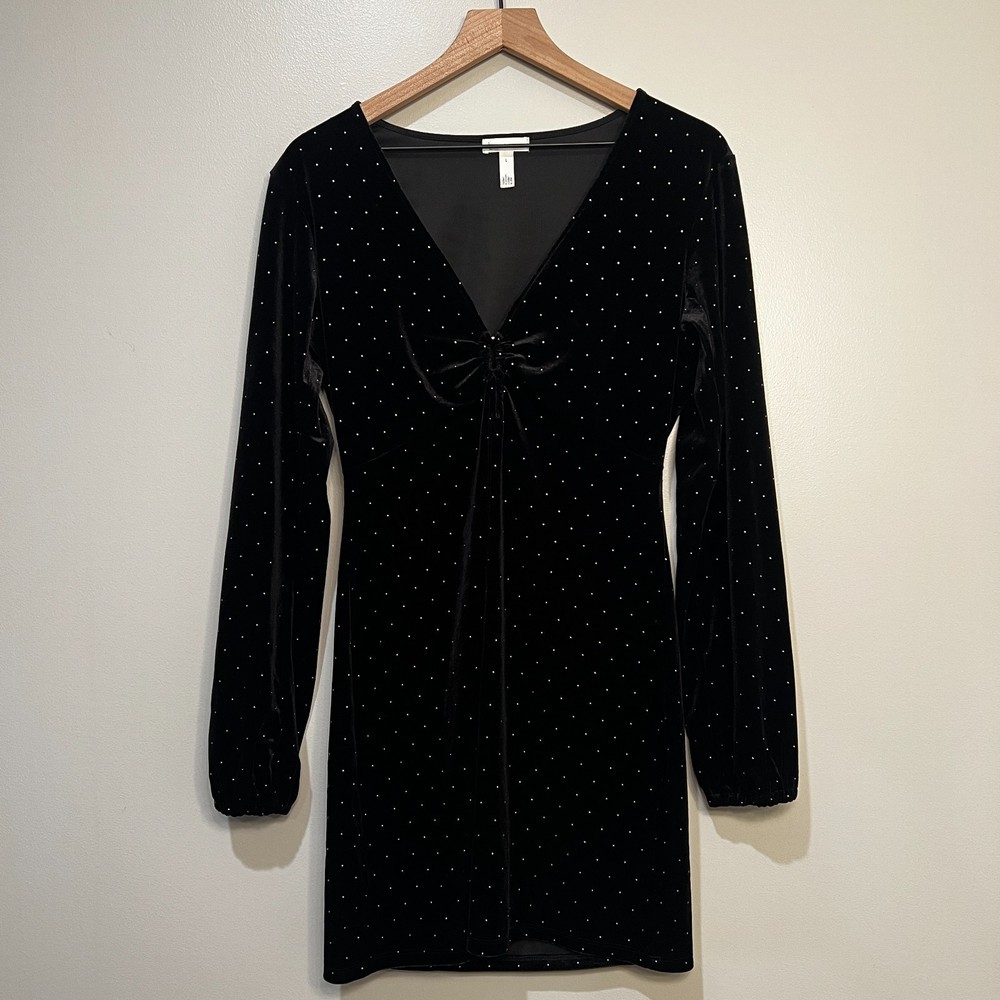 Leith Womens Velour Mini Dress Size L Black Dots Studded V-Neck Long Sleeve