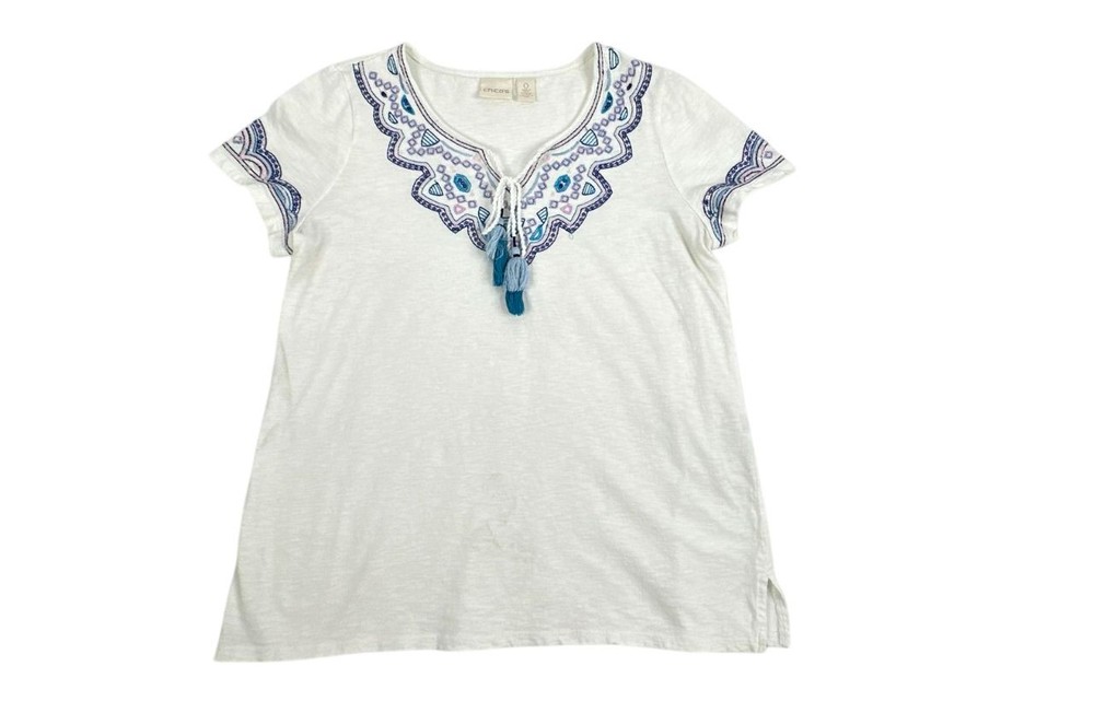 Chicos White Embroidered Tassel Neckline Womens Size 0 Top
