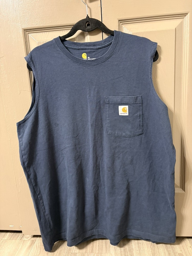 Carhartt Sleeveless Tank Top Men's XL Relaxed Fit Blue with Pocket