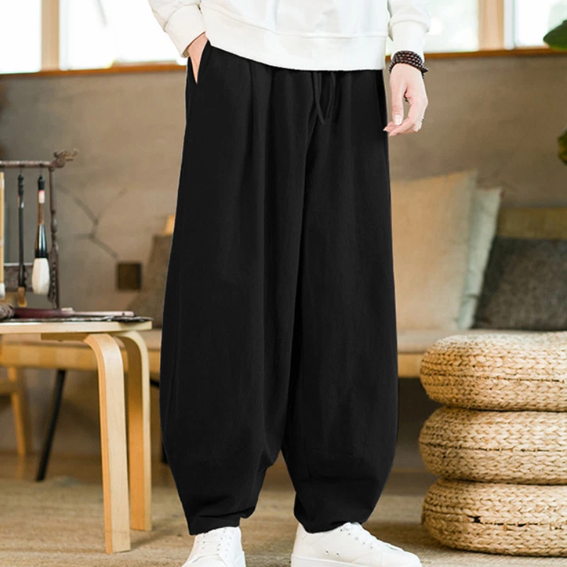 Mens Cotton Linen Pants Casual Trousers Drawstring Kung Fu Tai Chi Harem Bottoms