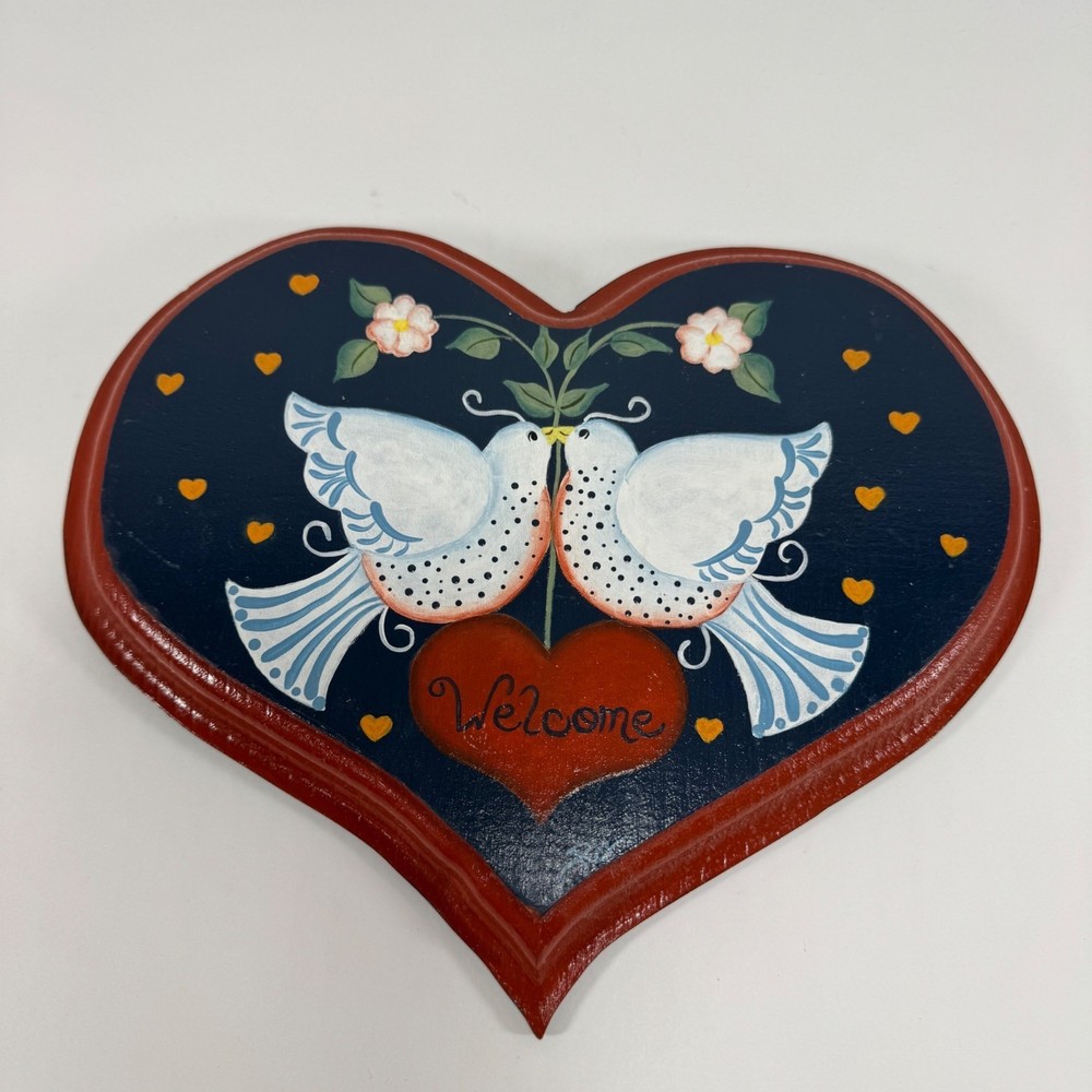 Vintage Welcome Sign Folk Art Heart Wall Plaque Doves Country Hand Painted